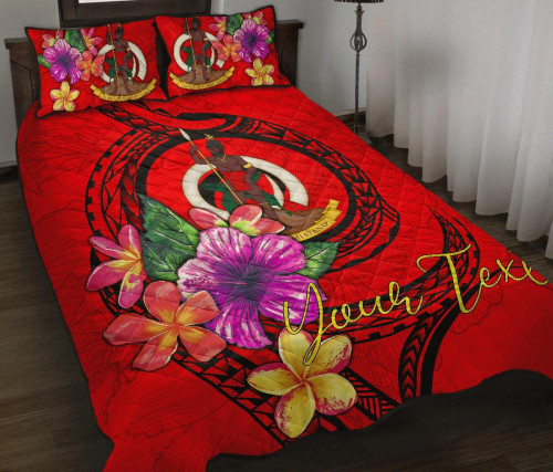 Vanuatu Polynesian Custom Personalised Quilt Bed Set - Floral With Seal Red 1