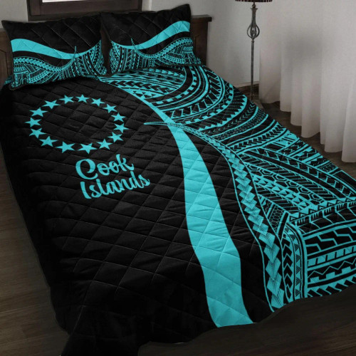 Cook Islands Quilt Bet Set - Turquoise Polynesian Tentacle Tribal Pattern 1