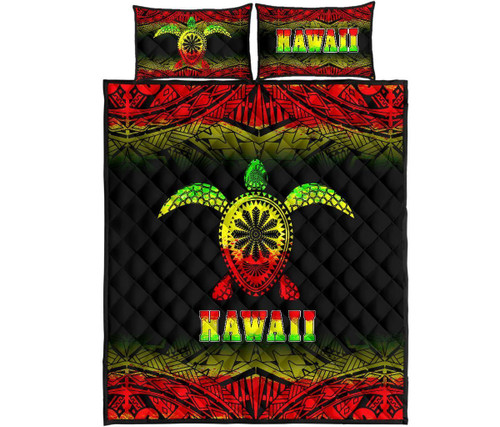 Hawaii Quilt Bed Set - Hawaii Turtle Polynesian Tattoo Black Fog Reggae Version 1