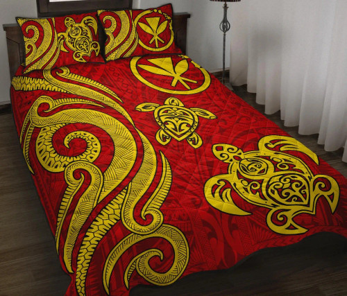 Hawaii Polynesian Quilt Bed Set - Kanaka Maoli Tentacle Turtle Red 1