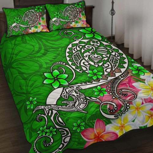 Polynesian Quilt Bed Set - Turtle Plumeria Green Color 1