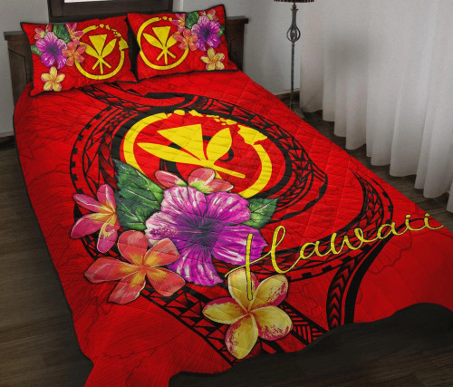 Hawaii Polynesian Quilt Bed Set - Floral With Seal Red 1