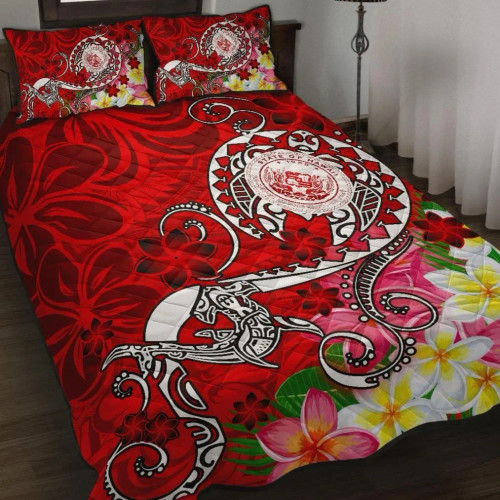 Hawaii Polynesian Quilt Bed Set - Hawaii Seal With Turtle Plumeria (Red) 1