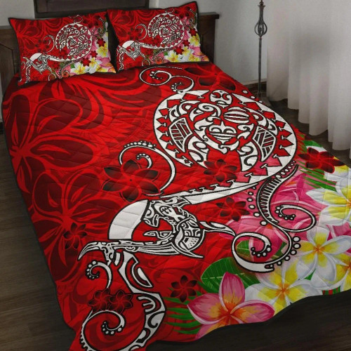 Polynesian Quilt Bed Set - Turtle Plumeria Red Color 1