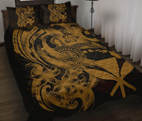 Hawaii Polynesian Quilt Bed Set - Gold Kanaka Maoli Tentacle Plumeria 1