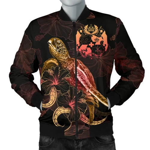 Tonga Polynesian Bomber Jacket - Turtle With Blooming Hibiscus Gold 1