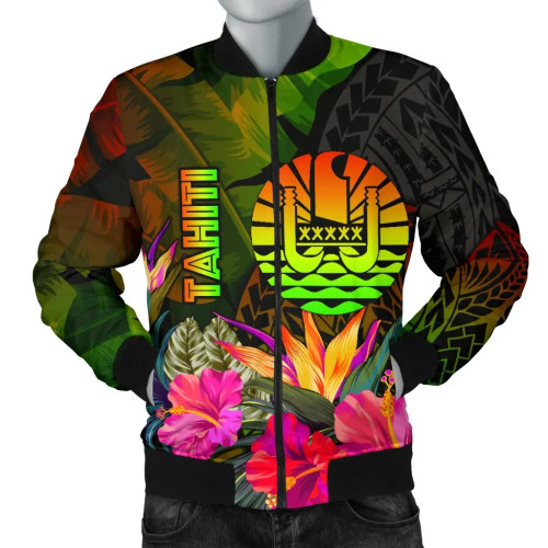 Tahiti Polynesian Bomber Jacket - Hibiscus and Banana Leaves 1