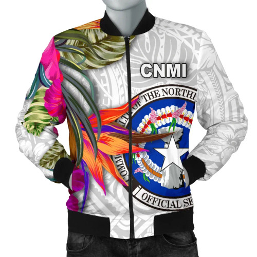 Northern Mariana Islands Bomber Jacket Polynesian Hibiscus White Pattern 1