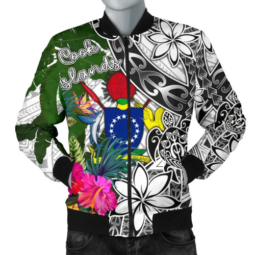 Cook Islands Bomber Jacket White - Turtle Plumeria Banana Leaf 1