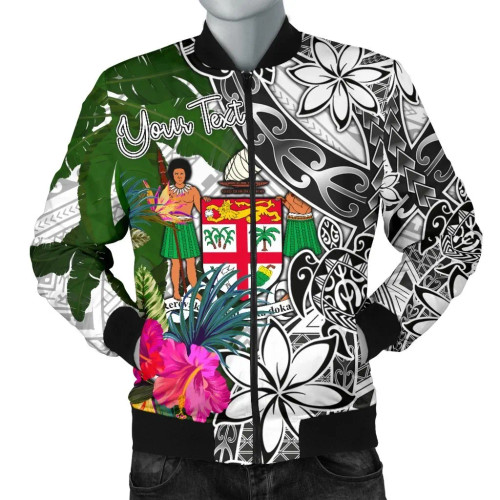 Fiji Custom Personalised Bomber Jacket White - Turtle Plumeria Banana Leaf Crest 1