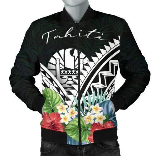 Tahiti Bomber Jacket - Tahiti Caledonia Coat of Arms & Polynesian Tropical Flowers White 1