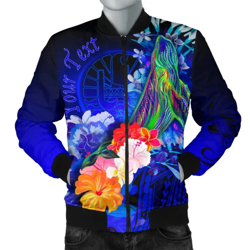 Tahiti Custom Personalised Bomber Jacket - Humpback Whale with Tropical Flowers (Blue) 1