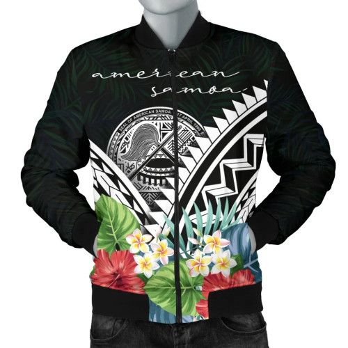 American Samoa Bomber Jacket - Yap Coat of Arms & Polynesian Tropical Flowers White 1