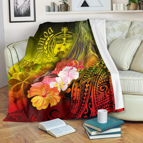 Samoa Premium Blanket- Humpback Whale with Tropical Flowers (Yellow) 1