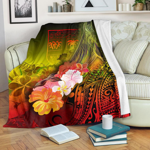 Fiji Premium Blanket - Humpback Whale with Tropical Flowers (Yellow) 1