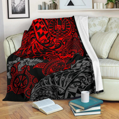 Tahiti Polynesian Premium Blanket - Red Turtle Hibiscus Flowing 1