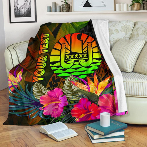 Tahiti Polynesian Personalised Premium Blanket -  Hibiscus and Banana Leaves 1