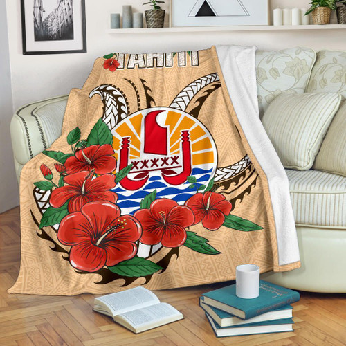 Tahiti Polynesian Premium Blanket - Hibiscus Coat of Arm Beige 1