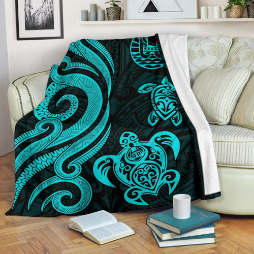 Tahiti Polynesian Premium Blanket - Turquoise Tentacle Turtle 1