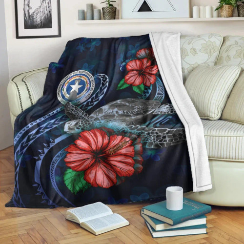 Northern Mariana Islands Polynesian Premium Blanket - Blue Turtle Hibiscus 1