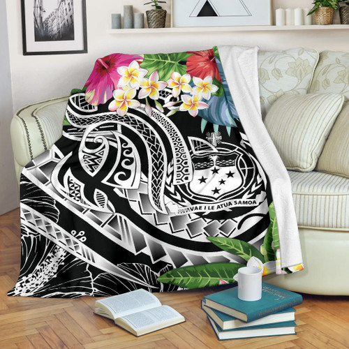 Polynesian Samoa Premium Blanket - Summer Plumeria (Black) 1