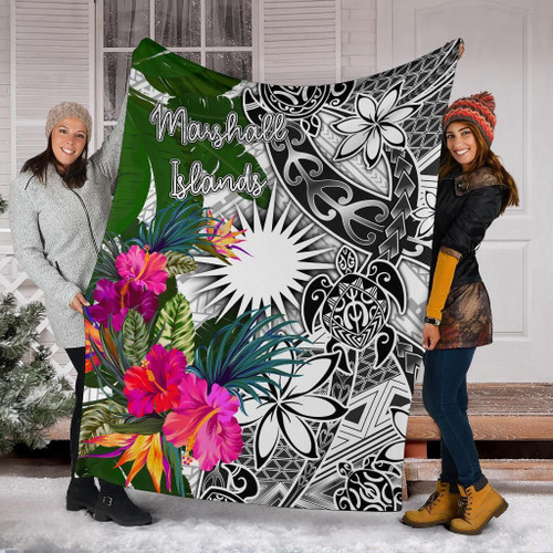 Marshall Islands Premium Blanket White - Turtle Plumeria Banana Leaf 1