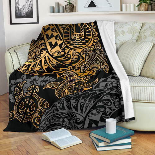 Tahiti Polynesian Premium Blanket - Gold Turtle Hibiscus Flowing 1