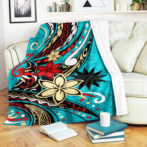 Nauru Premium Blanket - Tribal Flower With Special Turtles Blue Color 1
