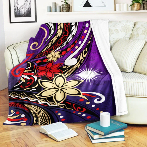 Marshall Islands Premium Blanket - Tribal Flower With Special Turtles Purple Color 1