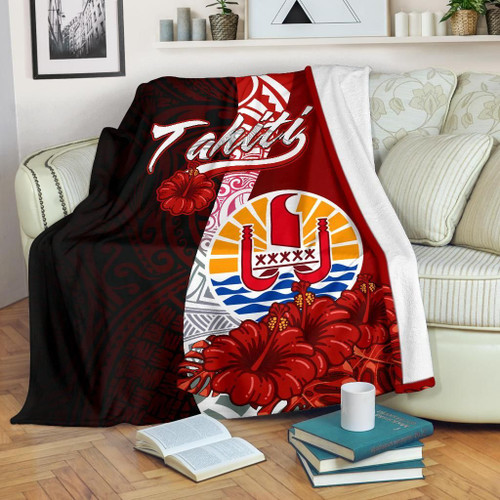 Tahiti Polynesian Premium Blanket - Coat Of Arm With Hibiscus 1