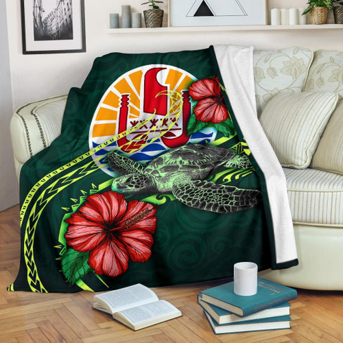 Tahiti Polynesian Premium Blanket - Green Turtle Hibiscus 1