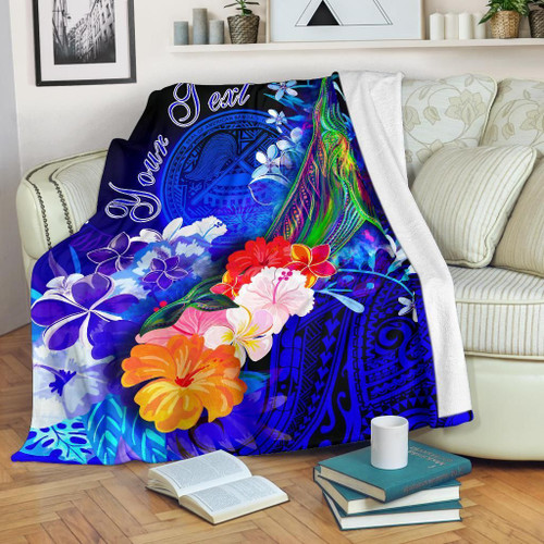 American Samoa Polynesian Custom Personalised Premium Blanket - Humpback Whale with Tropical Flowers 1