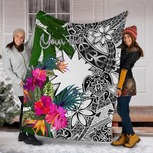 Nauru Custom Personalised Premium Blanket White - Turtle Plumeria Banana Leaf 1