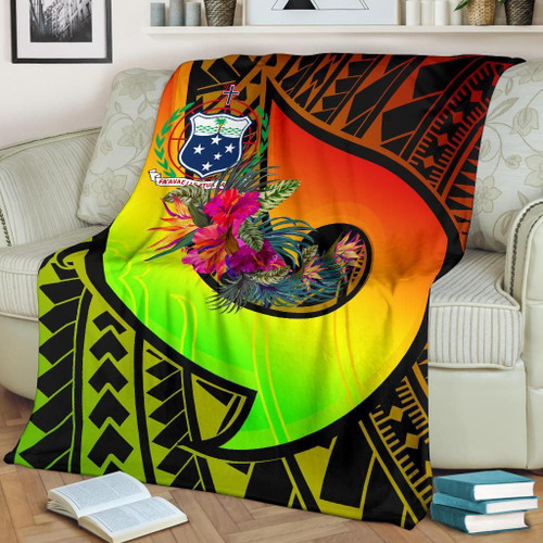 Samoa Premium Blanket - Polynesian Hook And Hibiscus (Reggae) 1