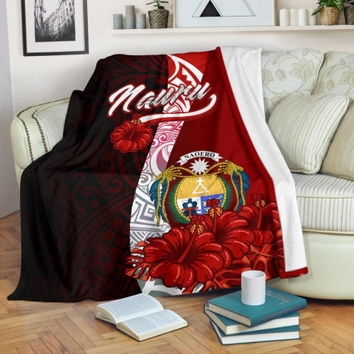 Nauru Polynesian Premium Blanket - Coat Of Arm With Hibiscus 1