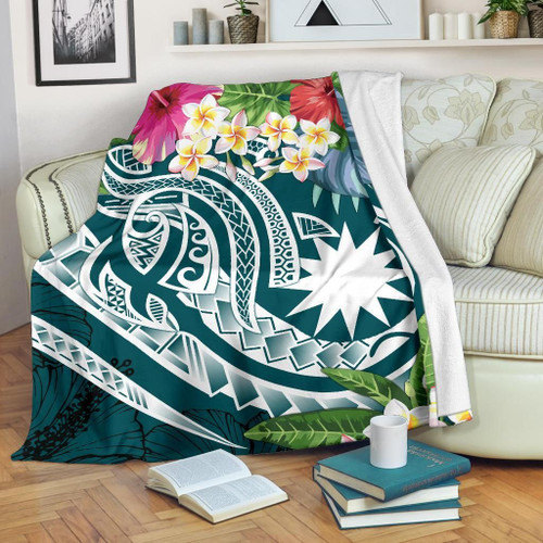 Nauru Polynesian Premium Blanket - Summer Plumeria (Turquoise) 1
