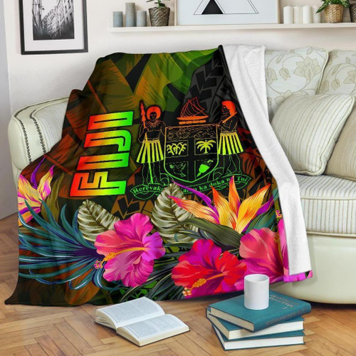 Fiji Polynesian Premium Blanket  -  Hibiscus and Banana Leaves 1