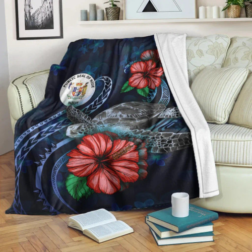 Niue Polynesian Premium Blanket - Blue Turtle Hibiscus 1
