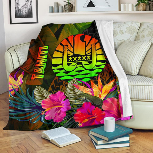 Tahiti Polynesian Premium Blanket -  Hibiscus and Banana Leaves 1