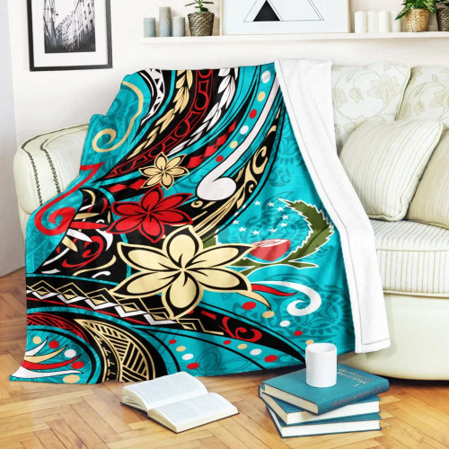 Pohnpei Premium Blanket - Tribal Flower With Special Turtles Blue Color 1