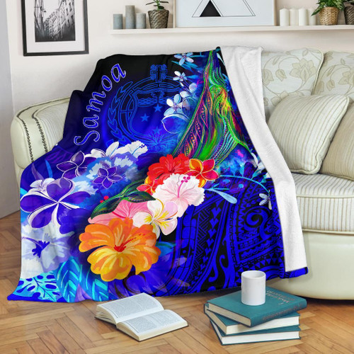 Samoa Premium Blanket - Humpback Whale with Tropical Flowers (Blue) 1