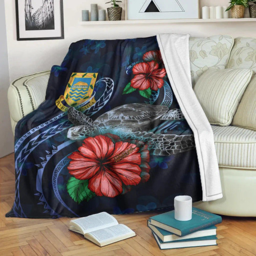 Tuvalu Polynesian Premium Blanket - Blue Turtle Hibiscus 1