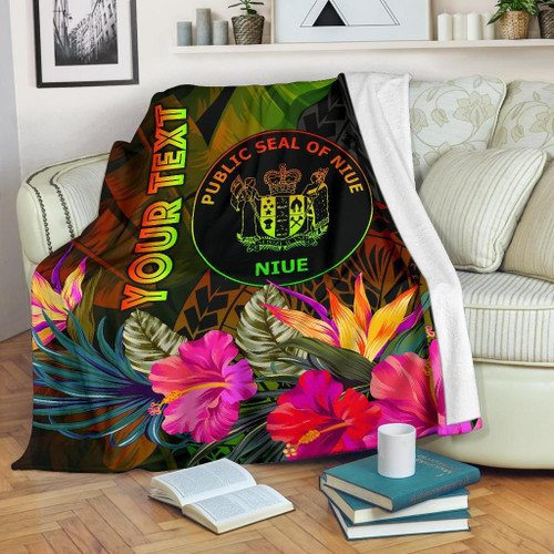 Niue Polynesian Personalised Premium Blanket - Hibiscus and Banana Leaves 1
