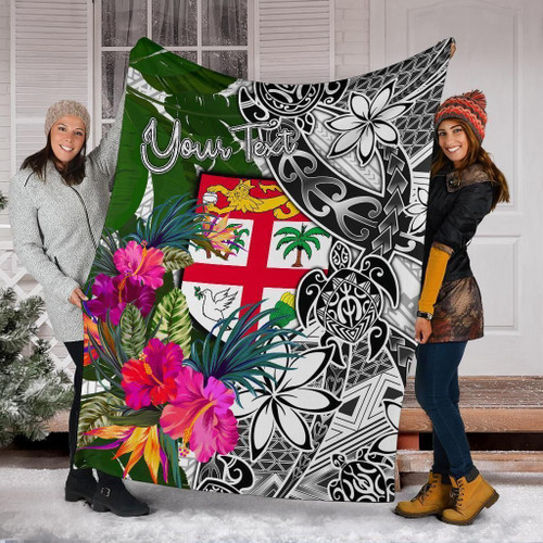 Fiji Custom Personalised Premium Blanket White - Turtle Plumeria Banana Leaf 1