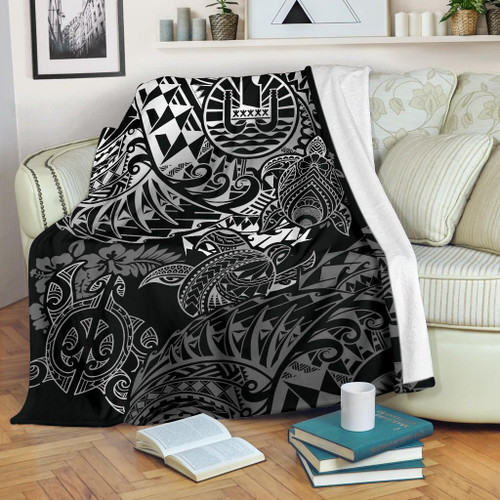 Tahiti Polynesian Premium Blanket - White Turtle Hibiscus Flowing 1