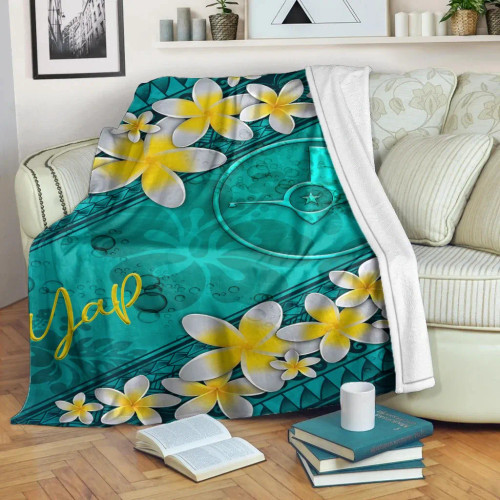 Yap Polynesian Blanket - Plumeria With Blue Ocean 1
