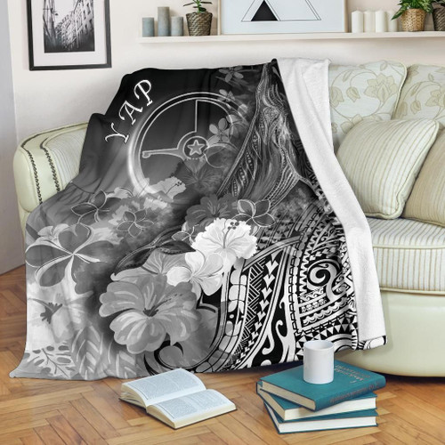 Yap Premium Blanket - Humpback Whale with Tropical Flowers (White) 1