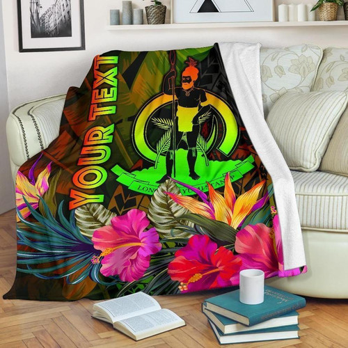 Vanuatu Polynesian Personalised Premium Blanket -  Hibiscus and Banana Leaves 1