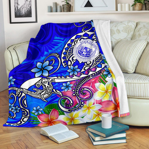 Hawaii Polynesian Premium Blanket - Hawaii Seal With Turtle Plumeria (Blue) 1
