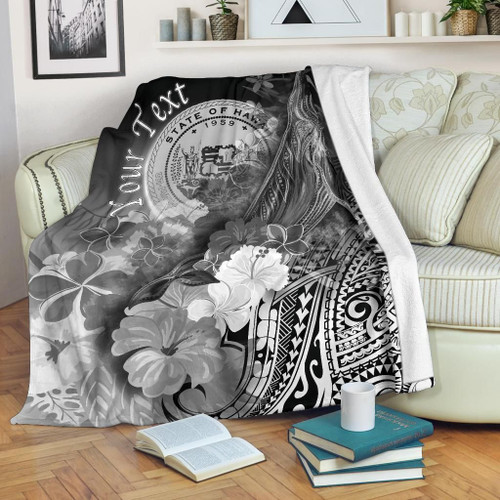 Polynesian Hawaii Custom Personalised Premium Blanket - Humpback Whale with Tropical Flowers (White) 1
